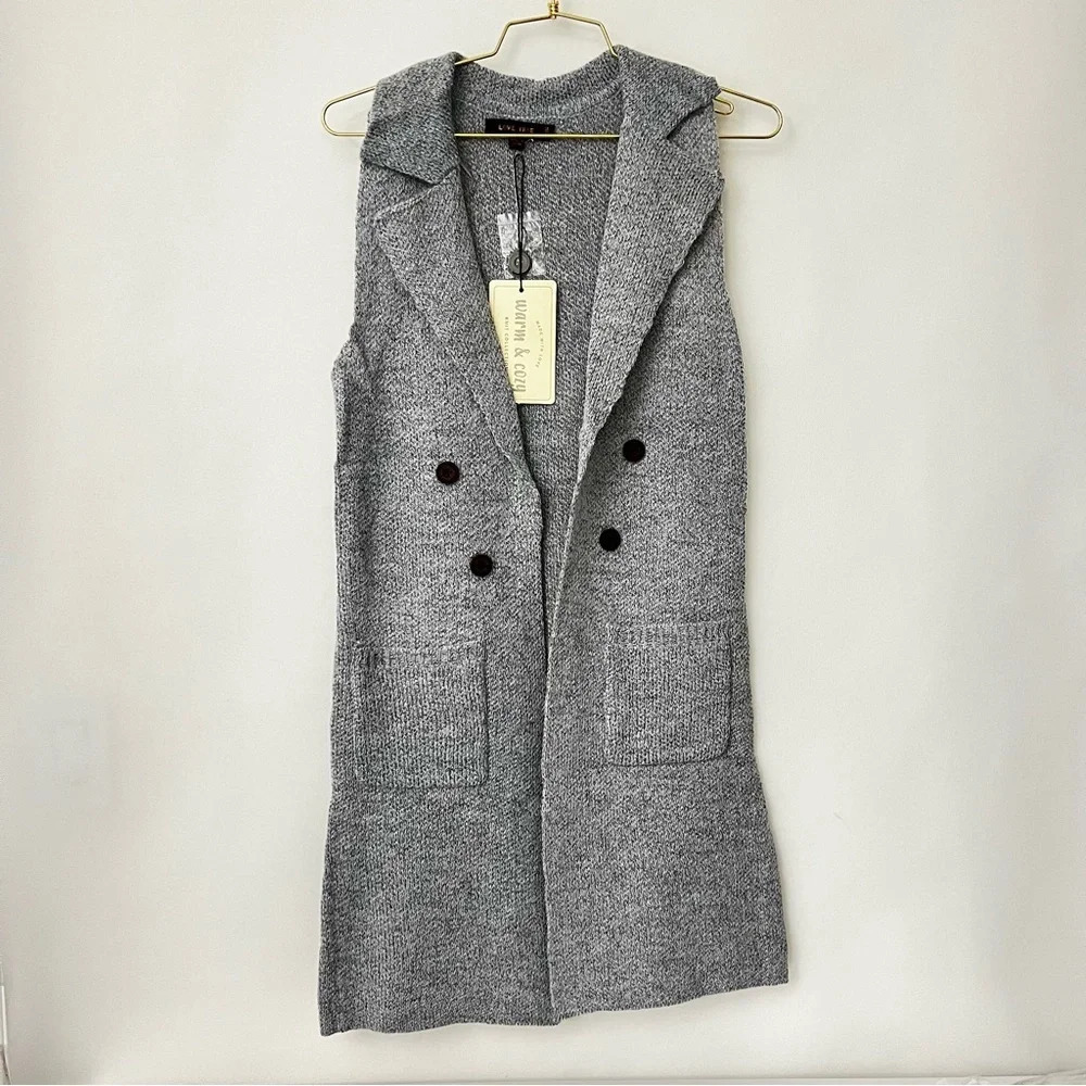 Long Sweater Vest Heather Blue Gray Open Front Pockets Cozy Soft Sleeveless
